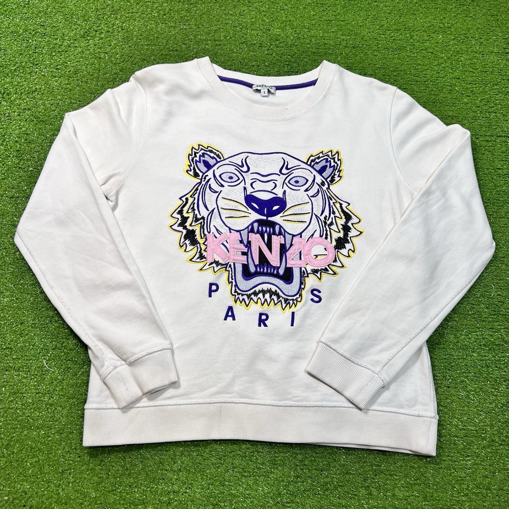 Kenzo‎ Paris Sweatshirt LG White Pink Purple Tiger Embroidered Crewneck Pullover